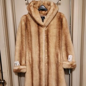 NWT Dennis Basso XL Faux Fur Full Length Coat with Hood